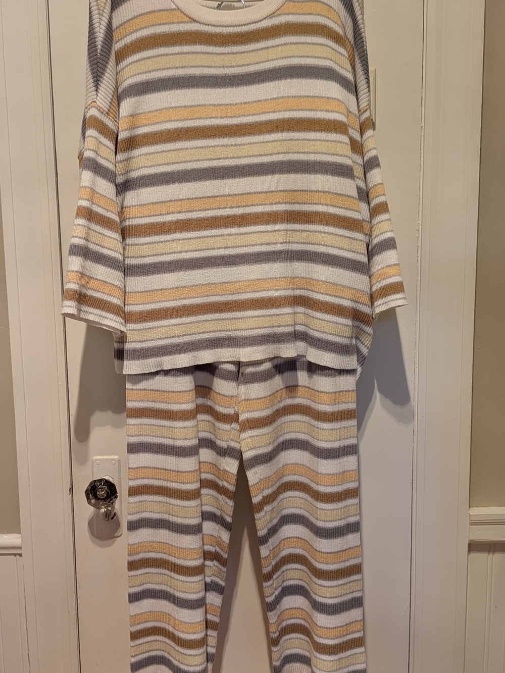 Striped Knit Lounge Wear Pantsuit Set in White, Yellow & Gray Stripes